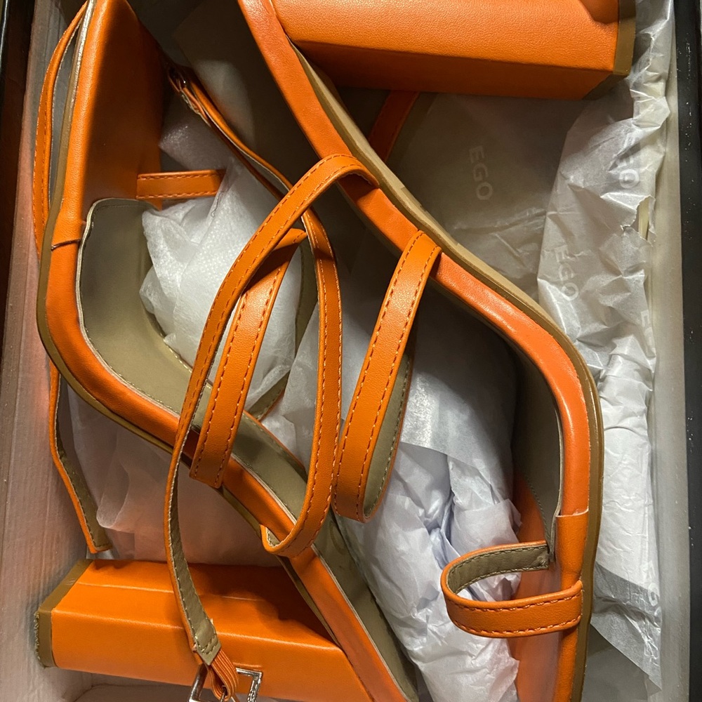 Azzura Double Strap Square Toe Block Heel In Orange Faux Leather